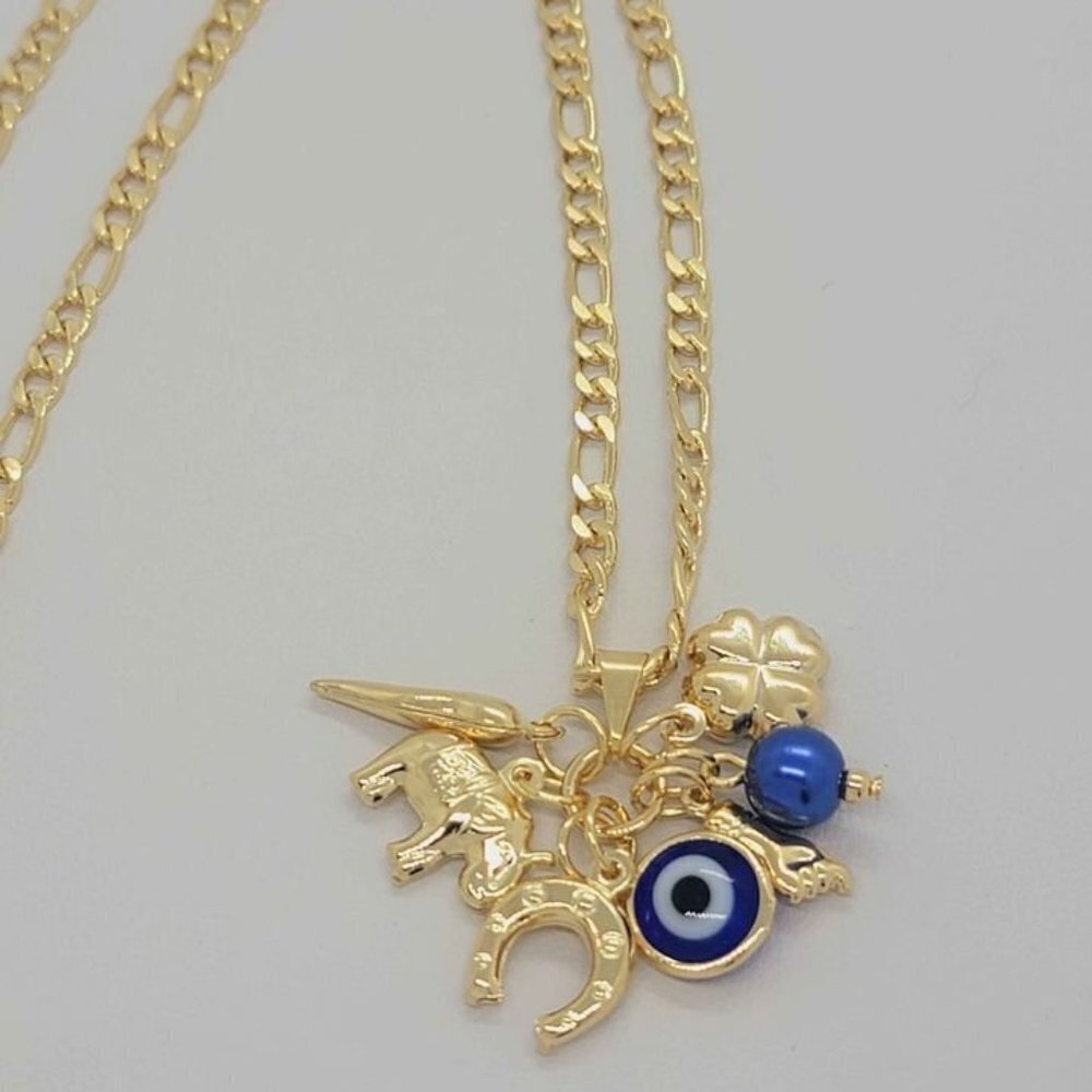 Brand New Brazilian 18k Gold Filled Blue Evil Eye w/ Lucky Charms Necklace - Picture 5 of 8